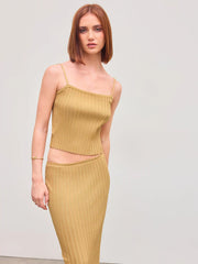 Knit Square Neck Solid Cami Top With Knit Mid Rise Solid Midi Skirt