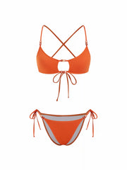 Textured Scoop Neckline Bead Detail Cut Out Criss Cross Bikini Set