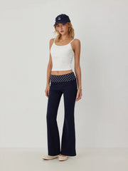 High Stretch Cotton-blend Low Rise Polka Dot Flared Trousers