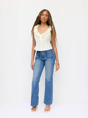 Stretch Denim Mid Rise Scalloped Trim Metal Detail Flared Jeans