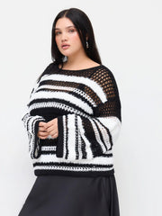 Knit Striped Boat Neck Hollow Out See-through Oversized Top Curve & Plus