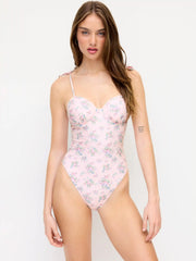 Floral Sweetheart High Stretch Ruched One-piece Swimsuit With Flower Metal Detail