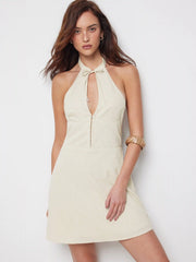 Linen-blend Halter Neckline Bowknot Cut Out A-line Mini Dress
