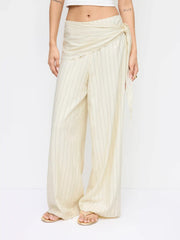 Linen-blend Striped Mid Rise Wide Leg Trousers With Wrap Waist Scarf