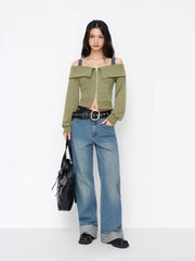 Terry Off-shoulder Zip Through Long Sleeve Two Tone Sweatshirt