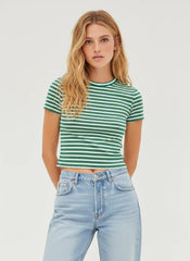 Round Neckline Stripe Short Sleeve Tee