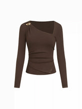 Asymmetrical Neck Long Sleeve Metal Detail Ruched Top
