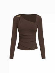 Asymmetrical Neck Long Sleeve Metal Detail Ruched Top