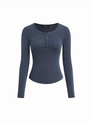 Striped Round Neckline Long Sleeve Button Top