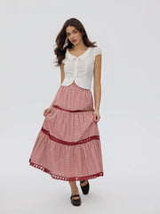Cotton-blend Mid Rise Gingham Lace Flared Maxi Skirt