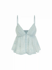 Chiffon V-neck Button Front Lace Panel Crop Cami Blouse