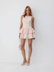 Cotton Floral Boat Neck Button Front Tiered Mini Dress