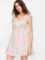 Chiffon Lace Ruffle sleeve Abstract Ruched Smock Dress