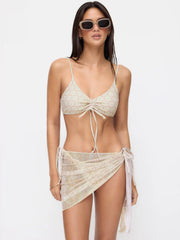 Sweetheart Neck Geometric Print Bracelet Top & Tie Side Bikini Bottom With Sarong 3 Piece Bikini Set