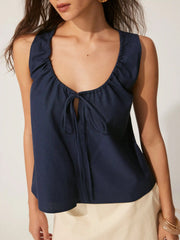 Linen-blend Tie-front Sleeveless Blouse