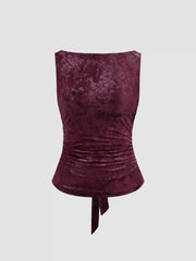 Boat Neck Floral Knotted Ruched Crop Tank Top