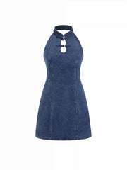 Stretch Denim Mandarin Collar Solid Cut Out Mini Dress