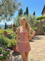 Jacquard Gingham Sweetheart Raglan Sleeve Ruched Top