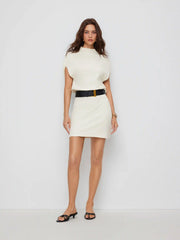 Cotton-blend High Neck Batwing Sleeve Straight Mini Dress With Belt