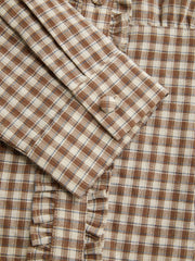 Cotton-blend Plaid V-neck Cinched Waist Lettuce Trim Blouse