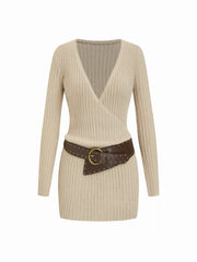 Knit V-neck Wrap A-line Mini Dress With Belt
