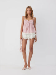 Sweetheart Neck Bowknot Lace Trim Longline Oversized Cami Blouse