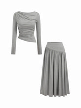 Boat Neck Ruched Asymmetrical Hem Top & Elastic Waist Maxi Skirt Set