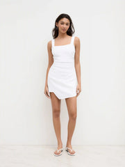 Square Neck Ruched Asymmetrical Hem Mini Dress