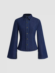 Denim Stand Collar Bell Sleeve Blouse