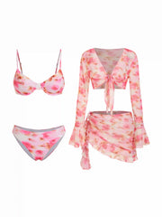 Floral Sweetheart Underwire Cheeky Bikini Set With Ruffled Asymmetrical Cover Up Set