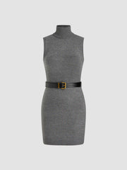 Knitted High Neck Mini Dress With Belt