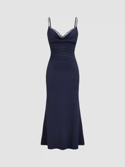Satin Cowl Neck Solid Lace Ruched Knotted Maxi Dress