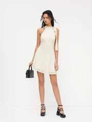 Halter Neckline Polka Dot Ruched Ruffle Mini Dress