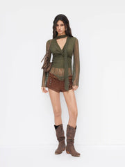Texture V-neck Flare Sleeve Twist See-through Top With Scarf