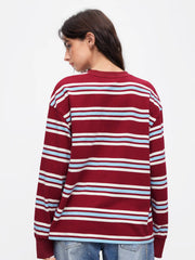 Cotton-blend Striped Round Neckline Long Sleeve Oversized Tee