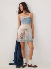 Mesh Deer Graphic Scoop Neck Lace Trim Bowknot Flared Mini Dress