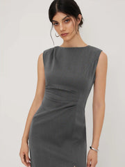 Boat Neck Ruched Split Maxi Dress
