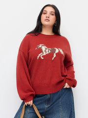 Knit Horse Pattern Round Neckline Oversized Sweater Curve & Plus
