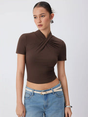 Textured Stand Collar Short Sleeve Twist Front Tee