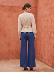 Round Neck Lantern Sleeve Pleated Peplum Blouse With Belt