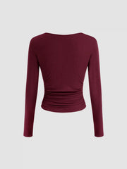 V-neck Solid Ruched Long Sleeve Tee
