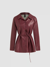 Faux Leather Collar Solid Button Jacket With Belt
