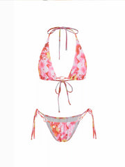 Floral Halter Neckline Ring Linked Triangle Bikini Set