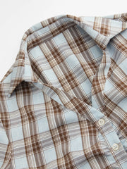 Plaid Collar V-neck Long Sleeve Ruched Lace Up Tie Back Blouse