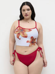 Square Neck Floral Contrasting Binding Tankini Tie Side Bikini Set Curve & Plus