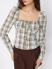 U-neckline Plaid Cinched Waist Ruched Knotted Long Sleeve Blouse