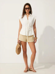 Linen-blend Collar Drawstring Sleeveless Blouse
