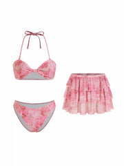 Floral & Leopard Halter Neckline Knotted Bikini Set With Ruffle Tiered Skirt