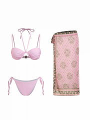 3 Piece Halter Neckline Underwire Top & Low Rise Bikini Bottom With Aztec Print Sarong Bikini Set