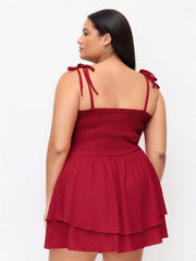 Square Neck Solid Ruched Knotted Layered Mini Dress Curve & Plus